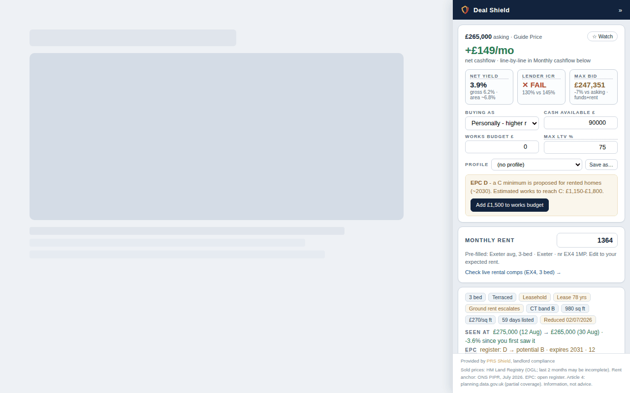 The Deal Shield sidebar open beside a property listing, showing cashflow, yield and funding